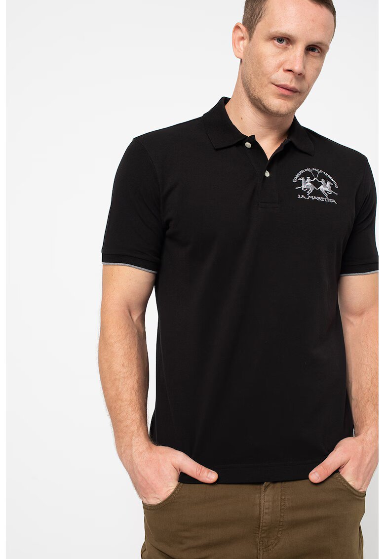 LA MARTINA Tricou polo din material pique cu broderie logo - Negru/Gri