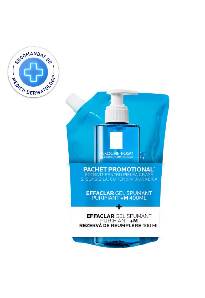 La Roche-Posay Pachet: Gel Spumant Purifiant +M 400 ml + Rezerva De Reumplere Effaclar pentru piele cu tendinta acneica 400 ml
