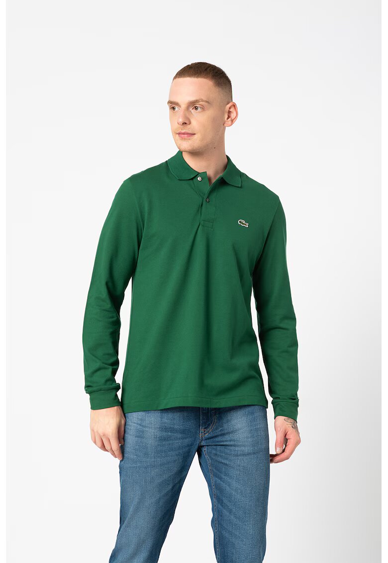 Lacoste Bluza polo din bumbac si material pique - Verde inchis/Verde englez