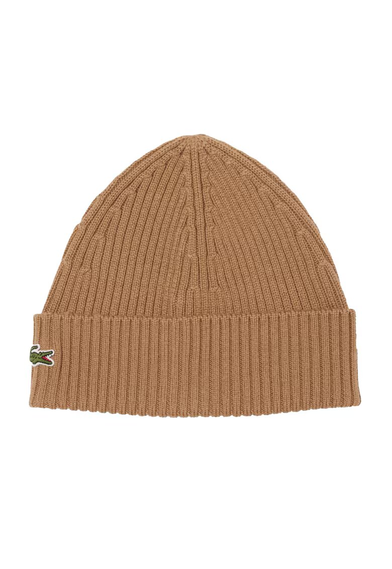 Lacoste Caciula unisex striata de lana - Maro camel