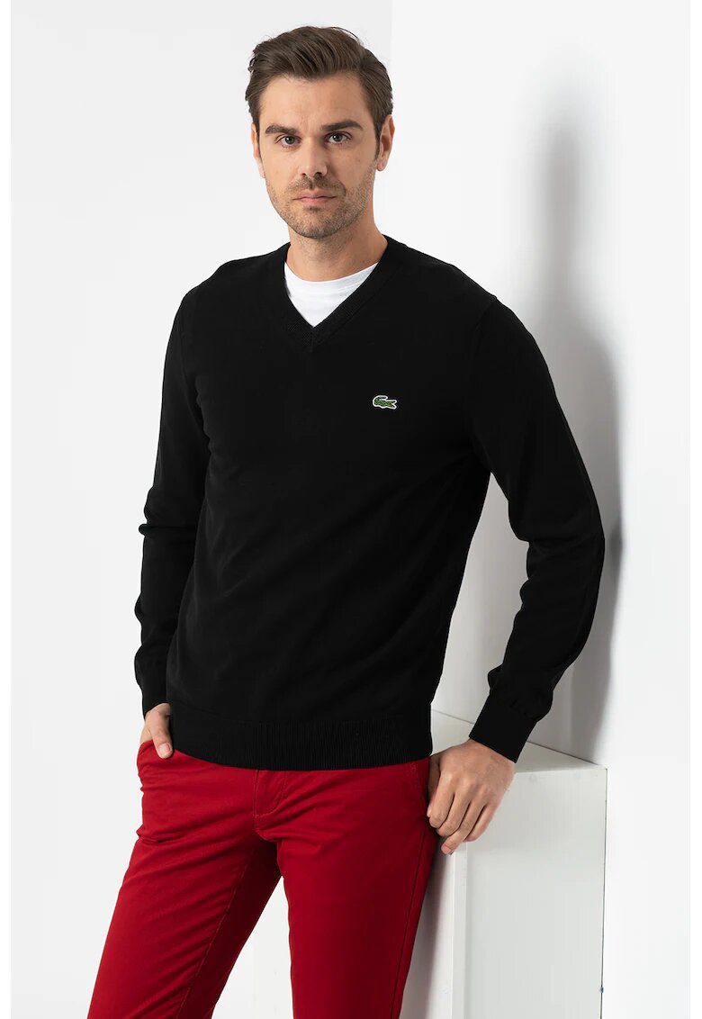 Lacoste Pulover regular fit din bumbac organic cu decolteu in V - Negru