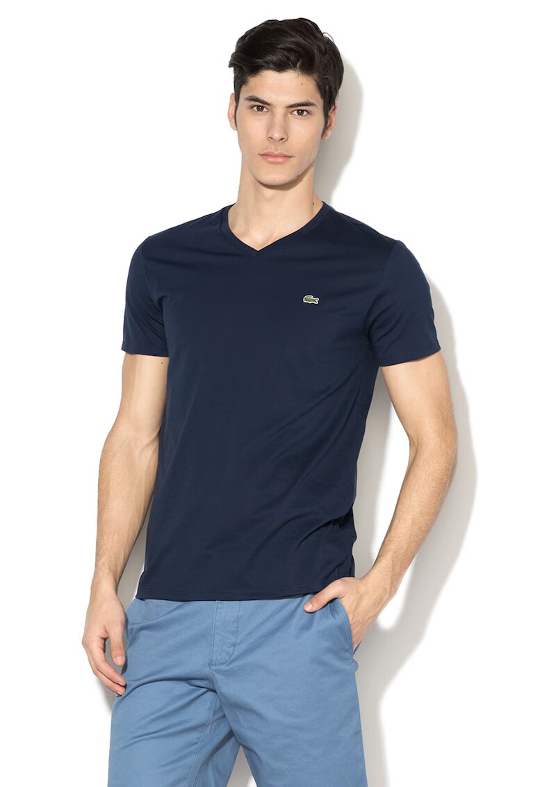 Lacoste Tricou din bumbac cu decolteu in V - Bleumarin
