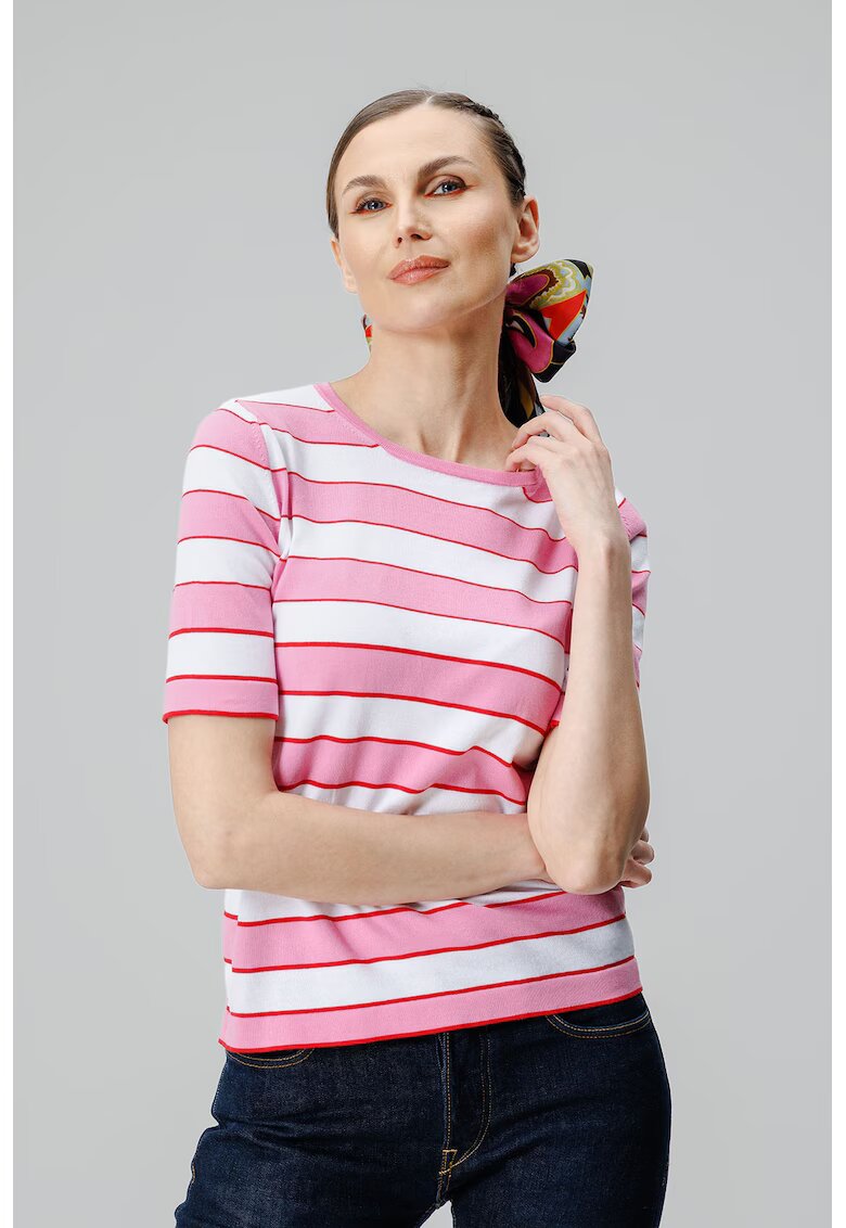 Laneria Tricou in dungi cu decolteu la baza gatului - Alb/Roz deschis