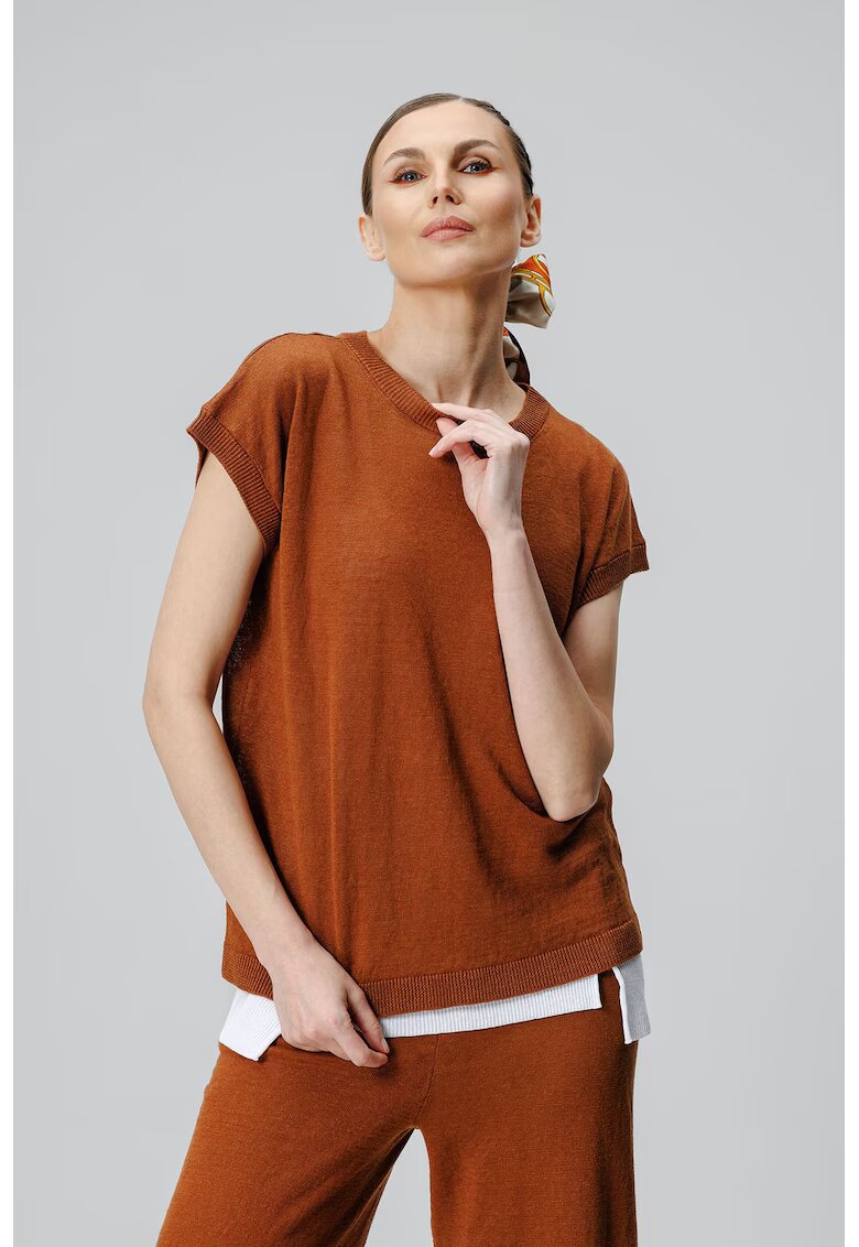 Laneria Tricou uni de in cu decolteu rotund - Caramel