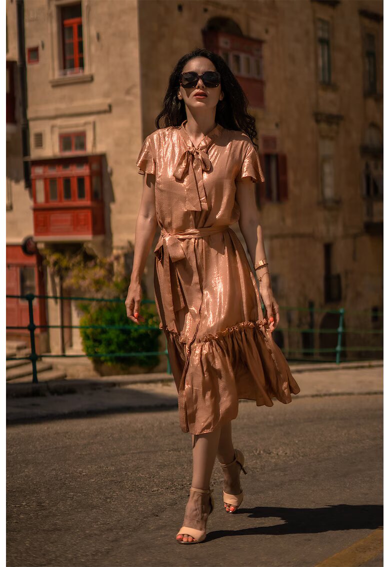 Larisa Dragna Rochie midi stratificata cu funda din panglici - Bronz