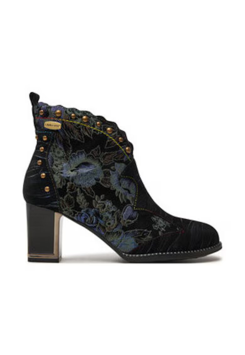 Laura Vita Botine dama - piele naturala - imprimeu floral - toc stabil - negru