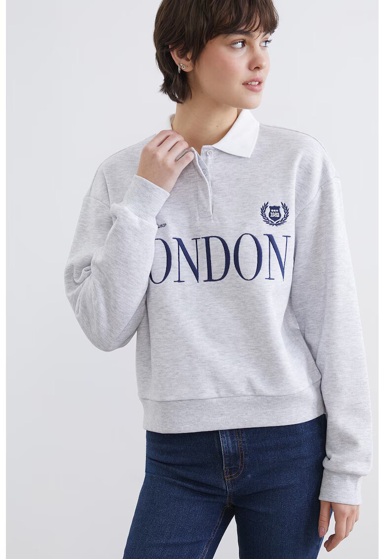 LC WAIKIKI Bluza de trening polo varsity cu broderie - Gri deschis melange