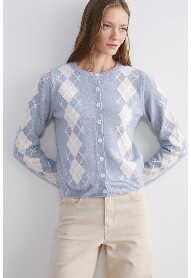 LC WAIKIKI Cardigan cu model in carouri - Alb murdar/Albastru deschis