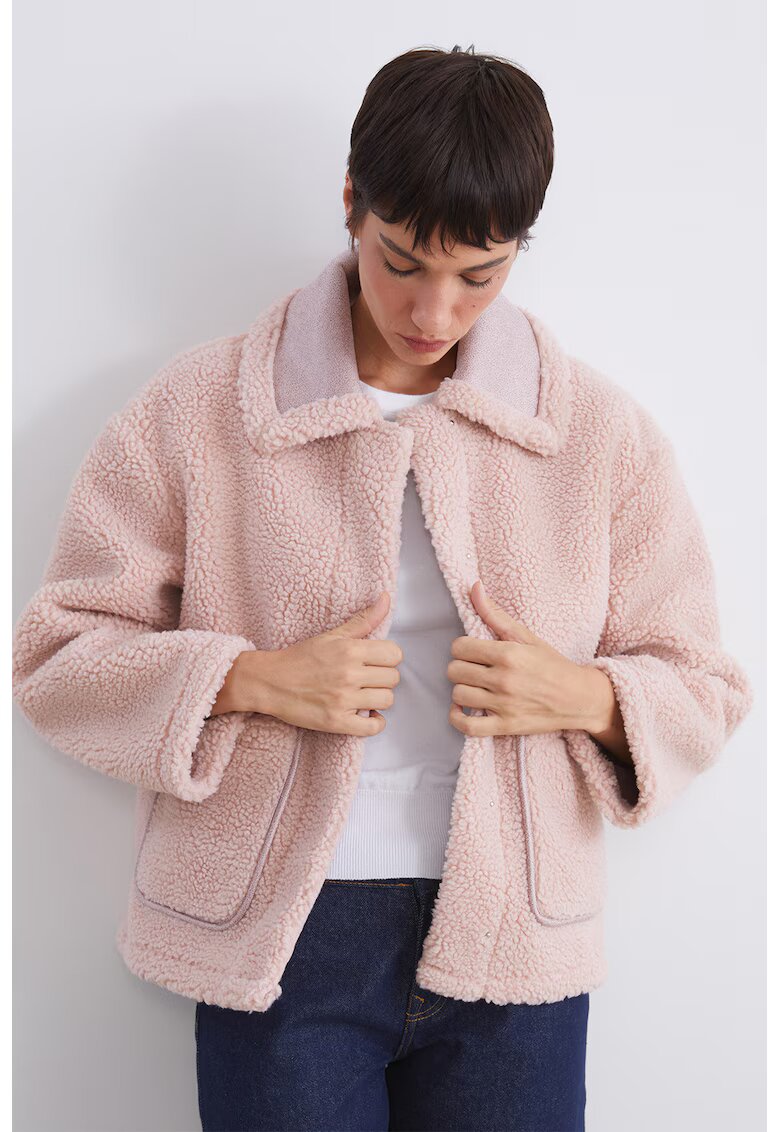 LC WAIKIKI Jacheta din material teddy cu detalii din piele ecologica - Roz pastel