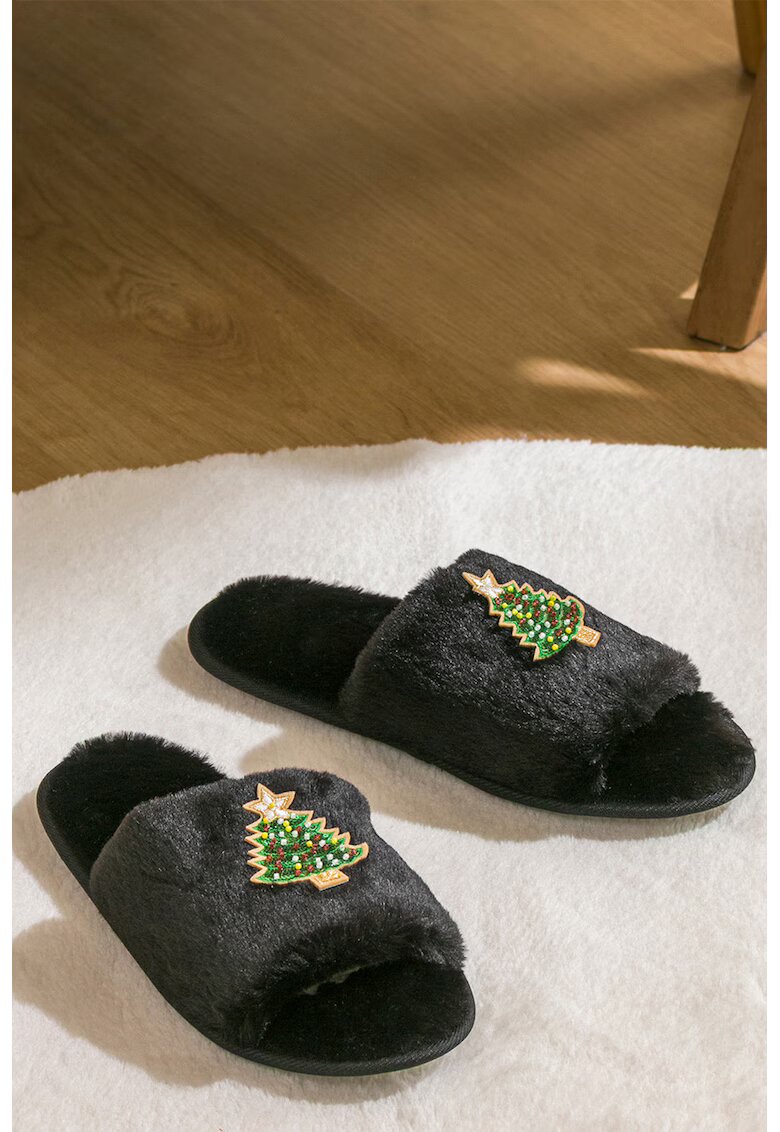 LC WAIKIKI Papuci pufosi cu varf decupat si model tematic de Craciun - Negru