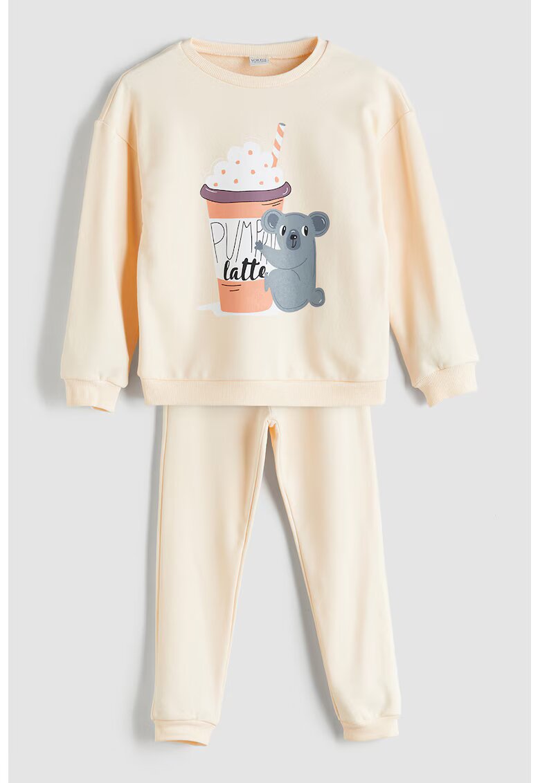LC WAIKIKI Pijama cu model grafic si pantaloni lungi - Gri/Portocaliu pal