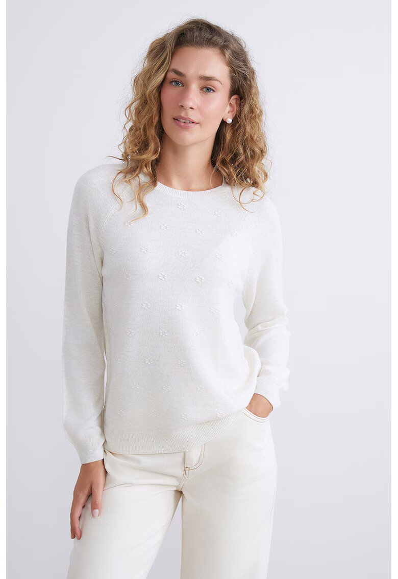 LC WAIKIKI Pulover cu broderie florala si maneci raglan - Alb fildes