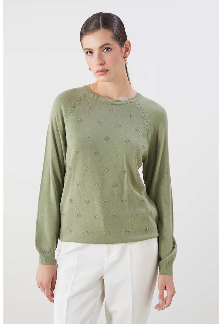LC WAIKIKI Pulover cu broderie florala si maneci raglan - Verde sparanghel