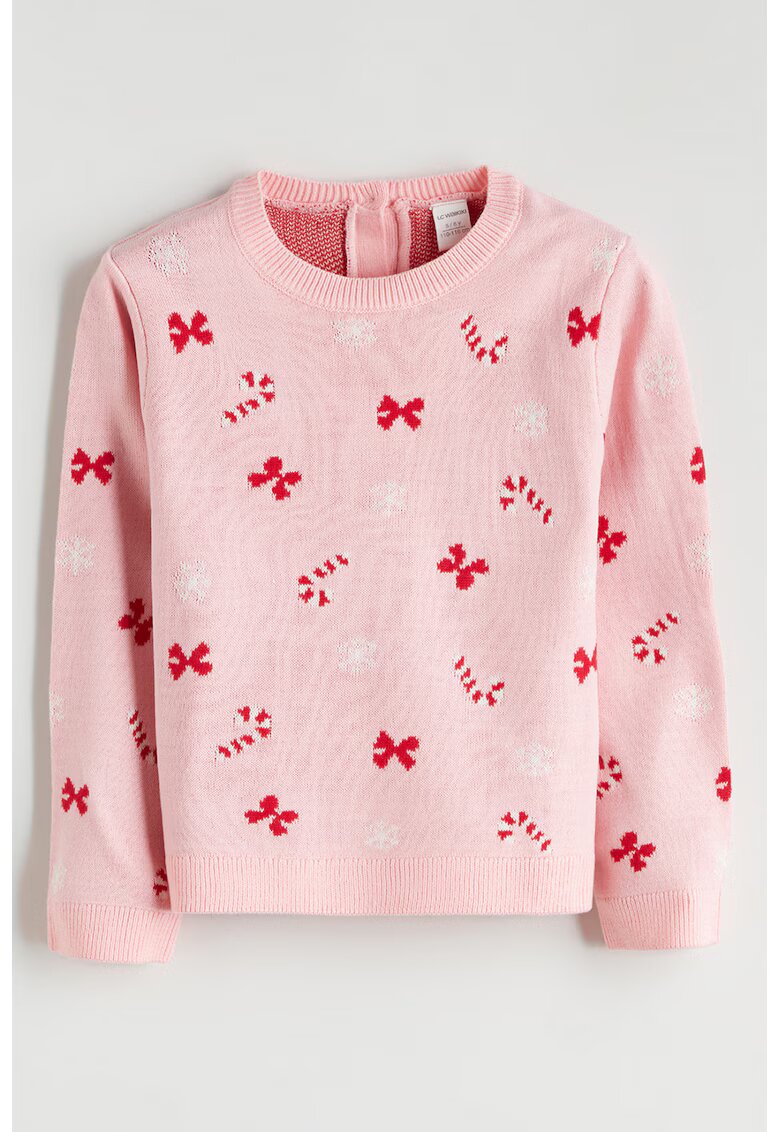 LC WAIKIKI Pulover cu decolteu la baza gatului si model de Craciun - Rosu/Roz pastel