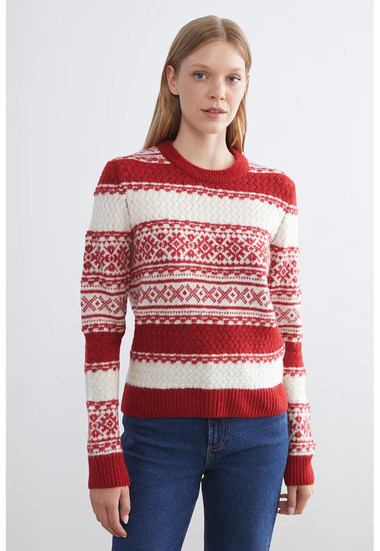 LC WAIKIKI Pulover slim fit cu tematica de Craciun - Rosu inchis/Alb murdar