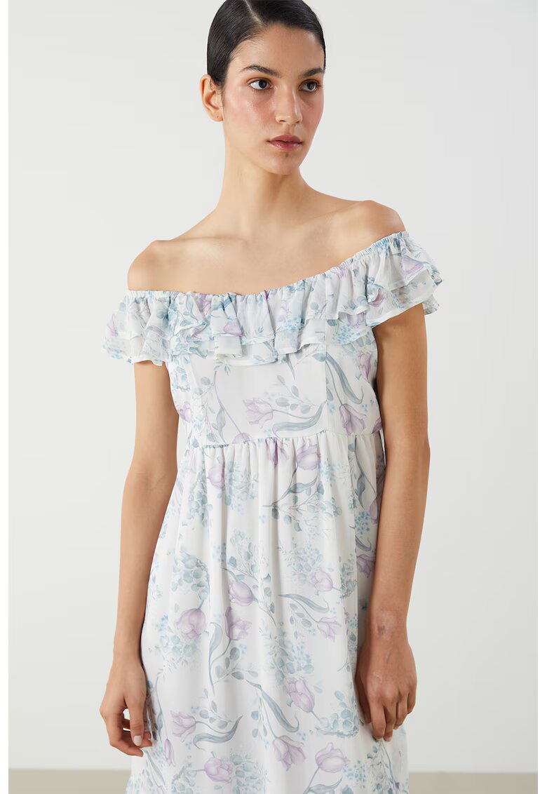 LC WAIKIKI Rochie cu decolteu decolteu pe umeri si model floral - Verde pal/Lila/Alb murdar