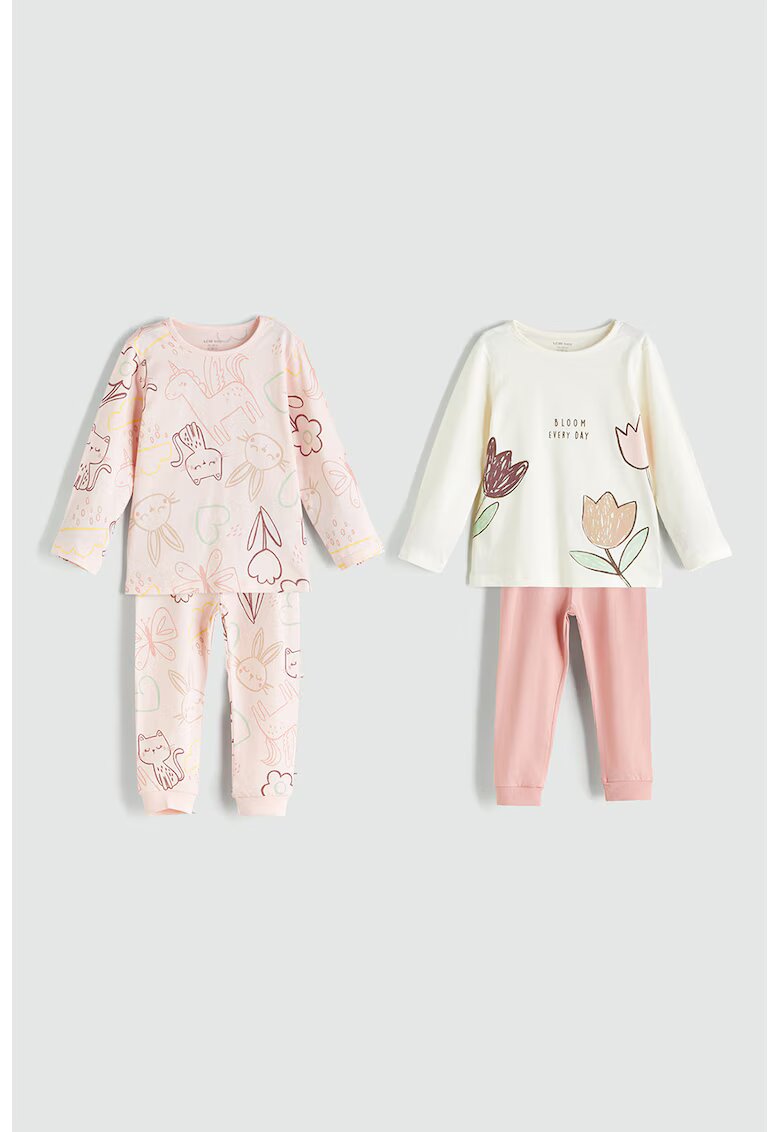 LC WAIKIKI Set de pijamale lungi cu imprimeu - 4 piese - Roz deschis/Alb murdar