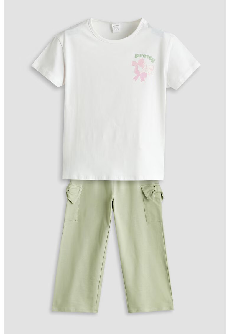 LC WAIKIKI Set de tricou si pantaloni din bumbac - 2 piese - Alb/Roz/Verde sparanghel
