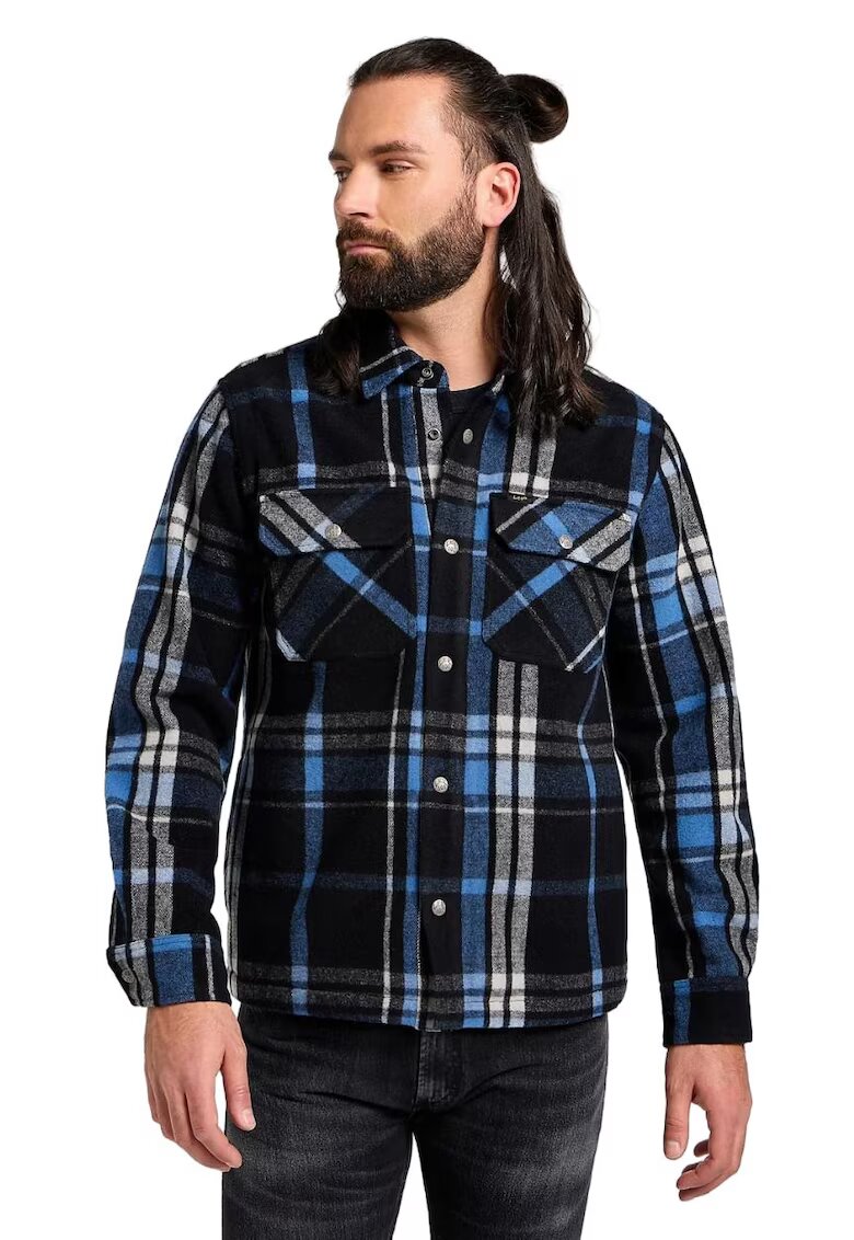 Lee Camasa overshirt barbati lana si bumbac - negru cu carouri - croiala clasica - cu doua buzunare