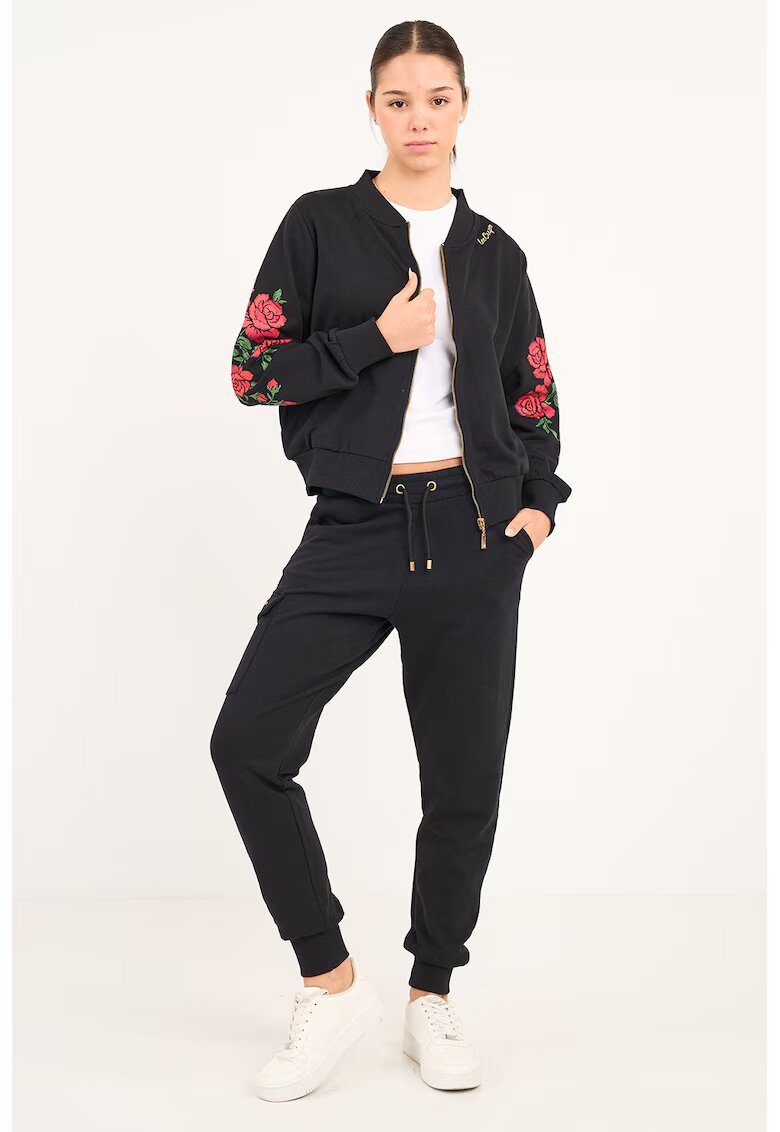 Lee Cooper Bluza de trening cu fermoar si broderii florale - Verde/Negru/Coral