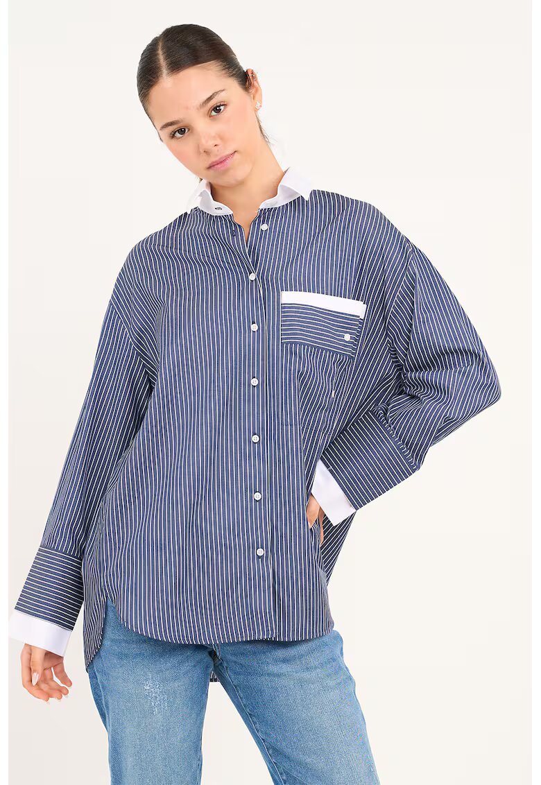Lee Cooper Camasa supradimensionata din bumbac cu model in dungi - Alb/Albastru inchis