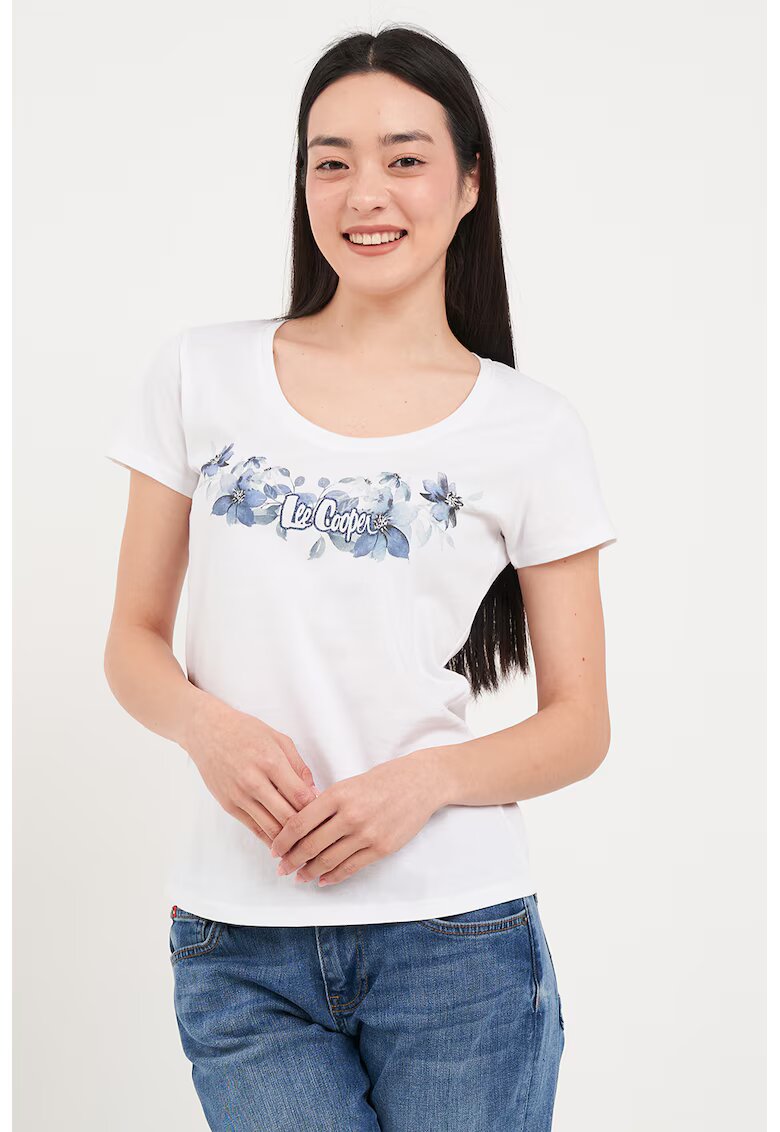 Lee Cooper Tricou cambrat cu decolteu rotund - Alb/Albastru