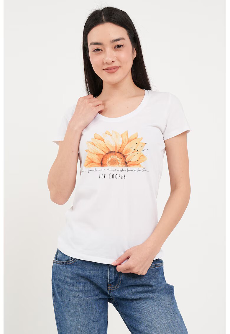Lee Cooper Tricou cu decolteu rotund si imprimeu - Alb/Portocaliu