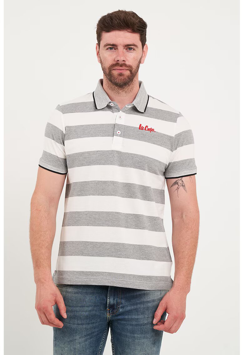 Lee Cooper Tricou polo de bumbac cu model in dungi - Gri melange/Alb murdar