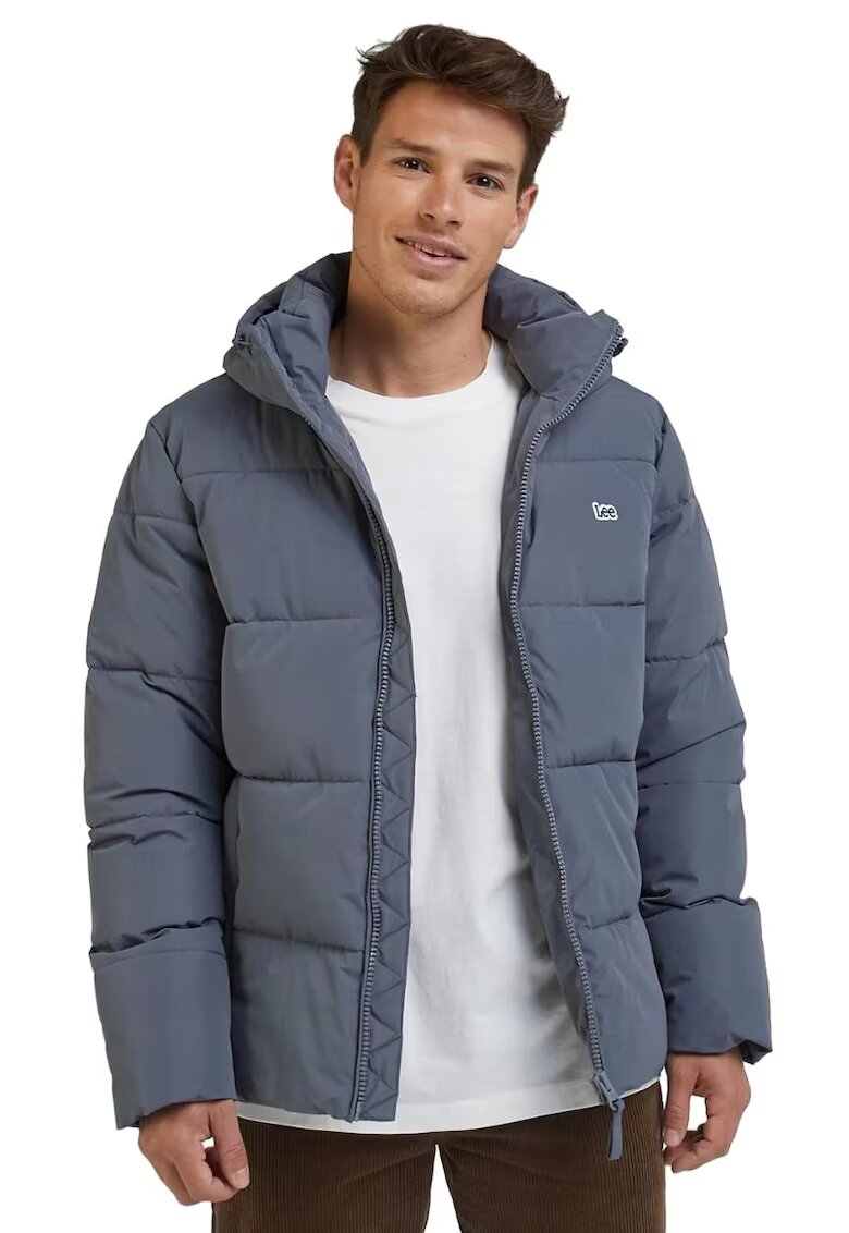 Lee Jacheta puffer gri deschis - cu gluga - maneci elastice - cu 2 buzunare cu fermoar - poliester -
