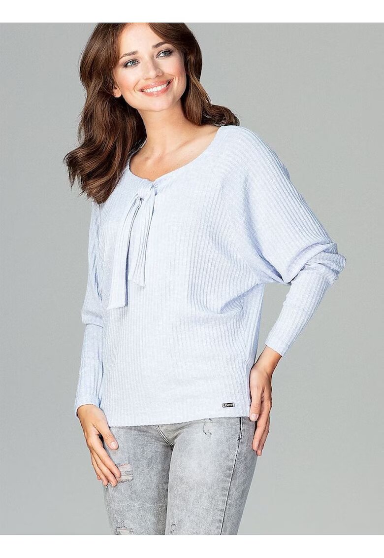 Lenitif Bluza dama albastra - tricotata - maneci lungi - decolteu cu papion - viscoza