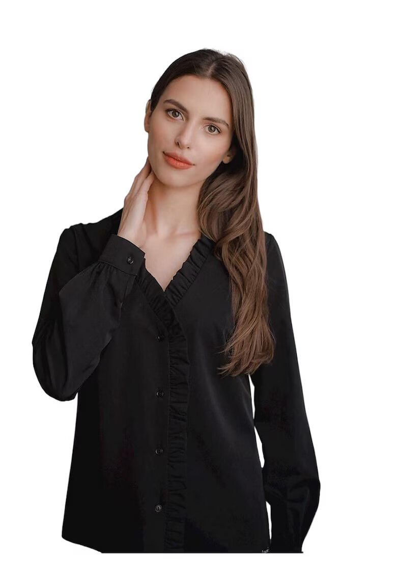 Lenitif Camasa dama - neagra - cu decolteu in forma de inima - garnitura cu volane - maneci lungi