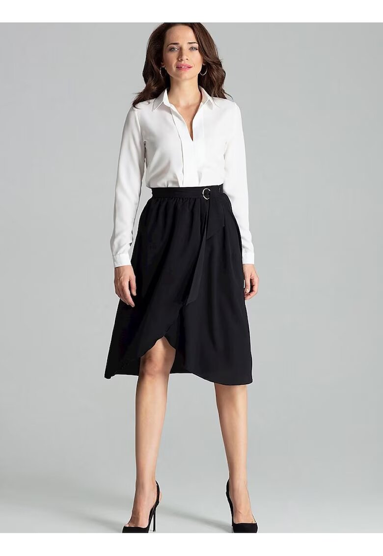 Lenitif Fusta midi neagra - talie plisata - fermoar lateral ascuns - curea cu catarama aurie - poliester - Negru
