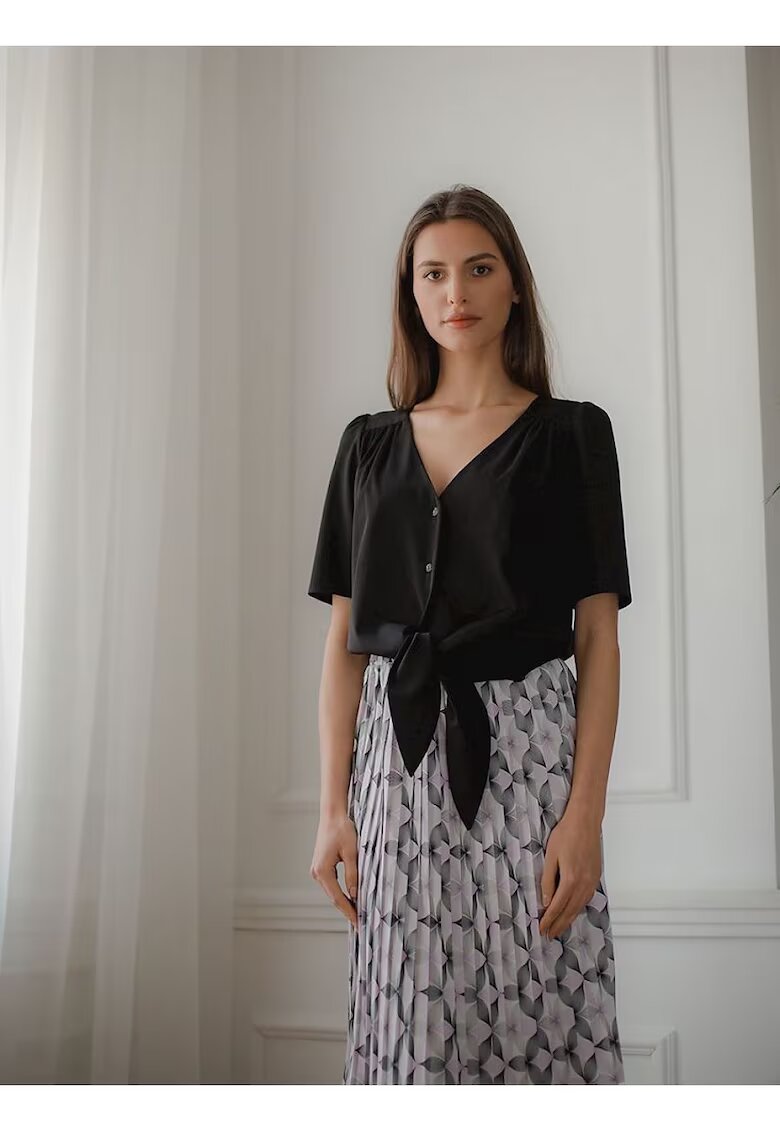 Lenitif Fusta midi plisata - gri/alb - banda elastica - poliester -