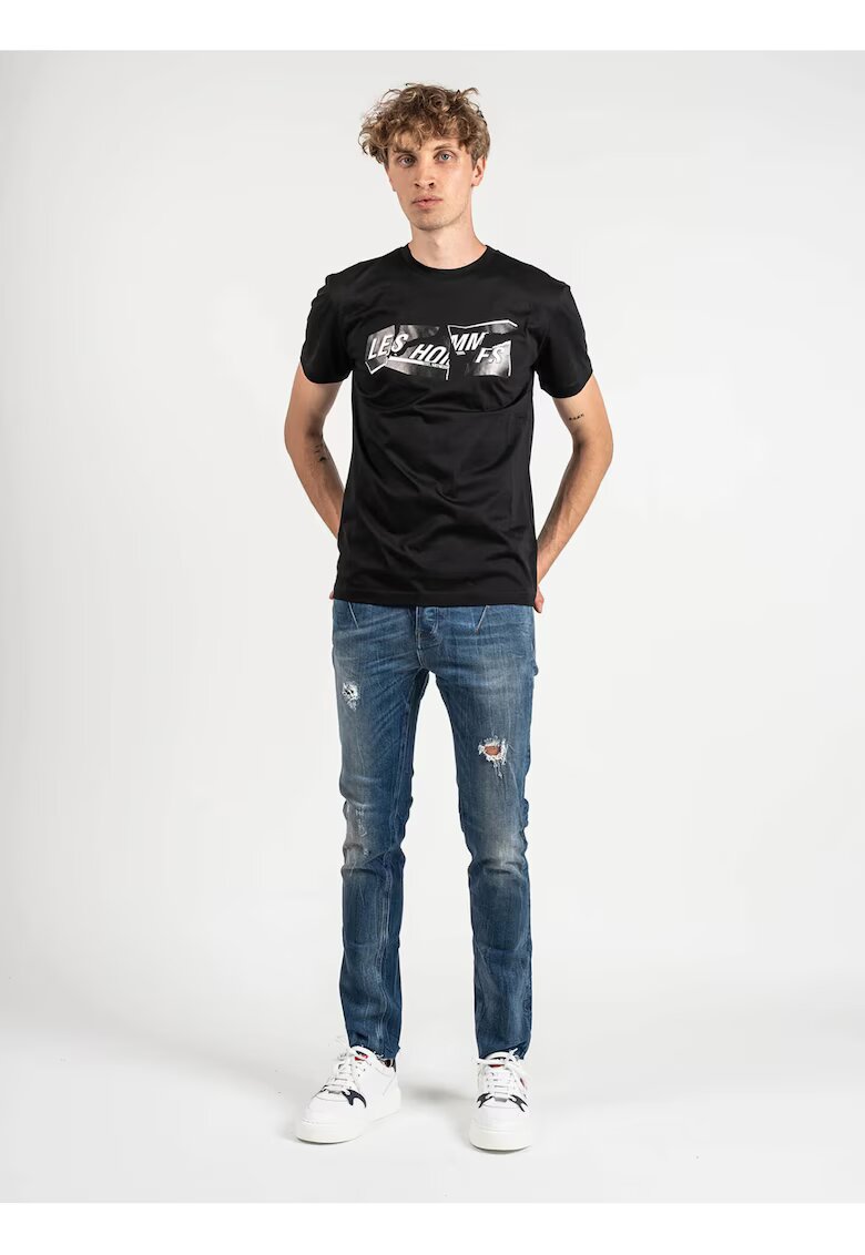 LES HOMMES Tricou slim fit cu logo - - Negru