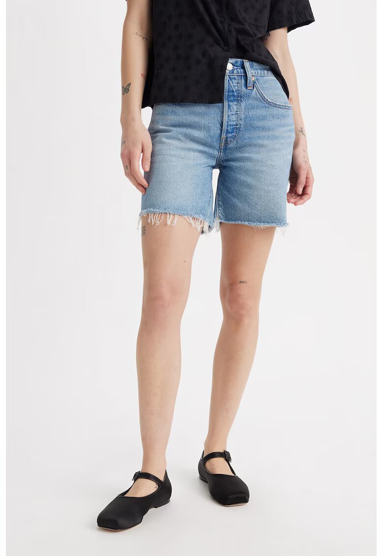 Levis Blugi scurti cu talie inalta si terminatii nefinisate - Albastru deschis