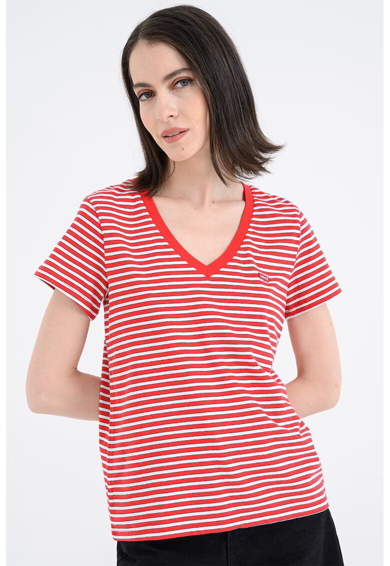 Levi's Tricou de bumbac cu decolteu in V - Rosu/Alb