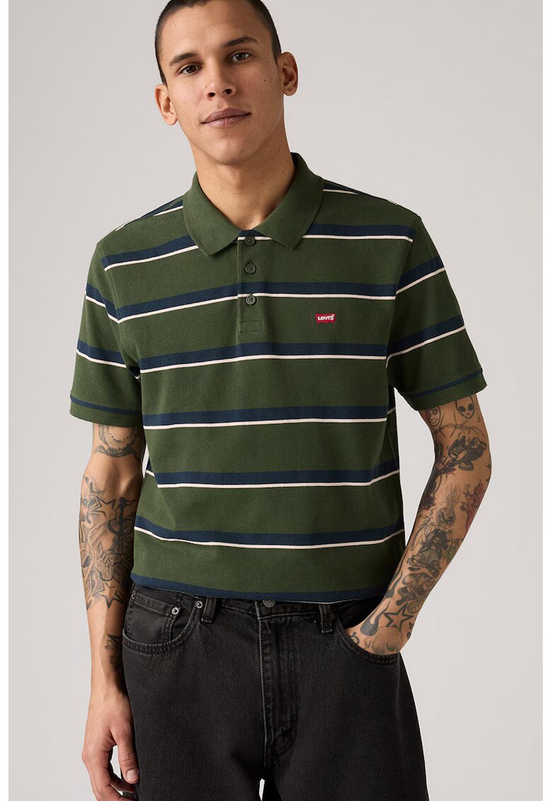 Levis Tricou polo din bumbac Housemark - Verde padure/Alb murdar/Bleumarin