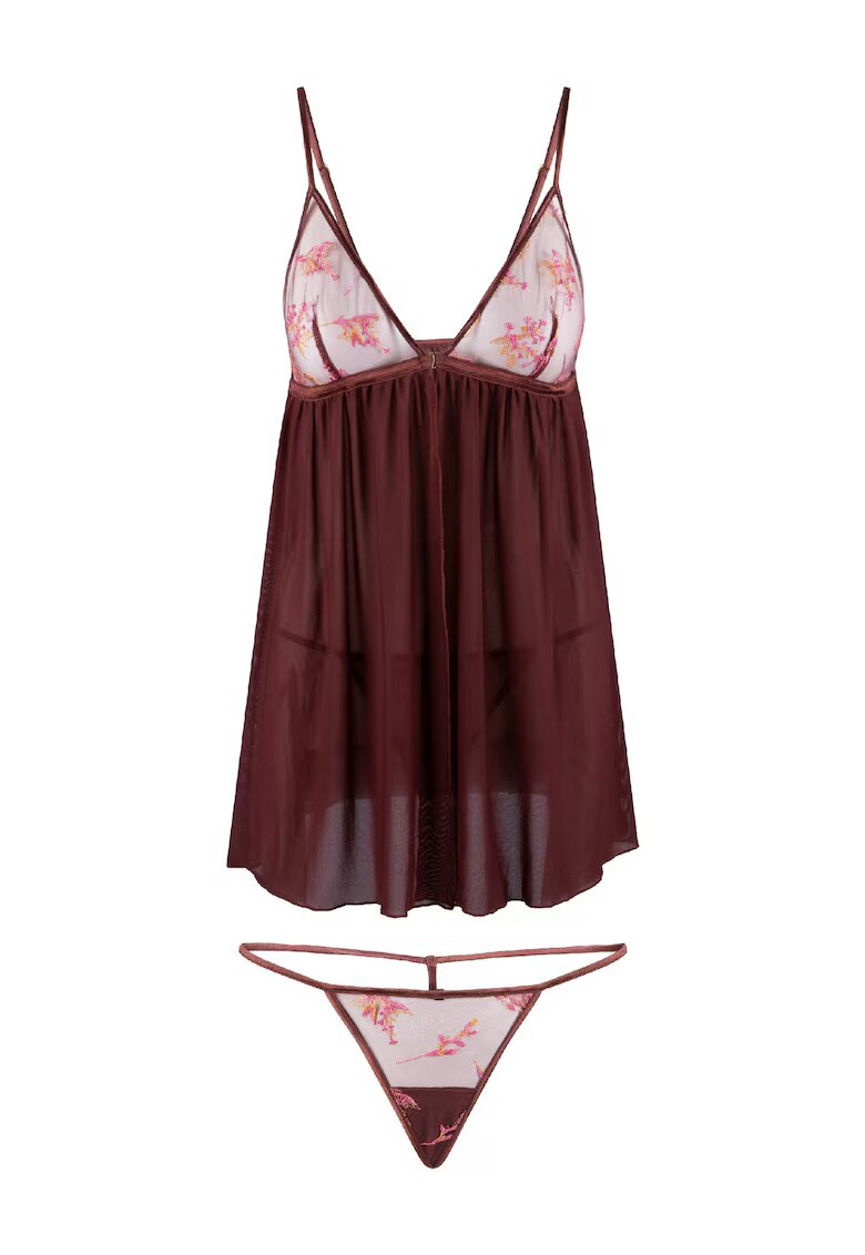 LingaDore LingaDor - Set de neglijeu babydoll cu chiloti tanga - 2 piese - Visiniu