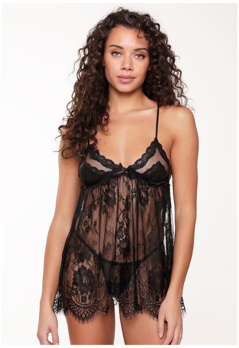 LingaDore Set de neglijeu de dantela si chiloti tanga - Negru
