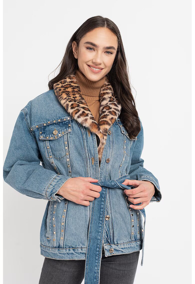 Liu Jo Jacheta din denim cu guler din blana sintetica - Albastru deschis