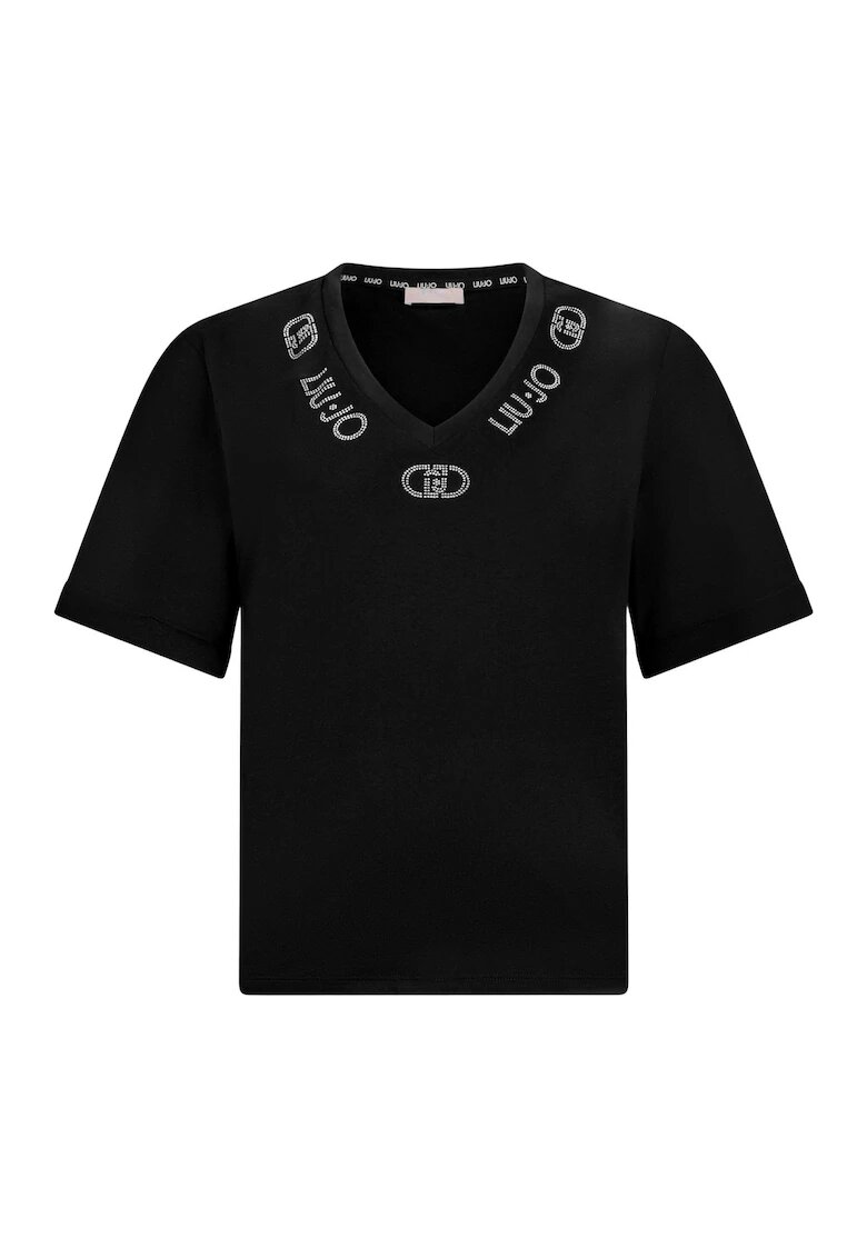 Liu Jo Tricou cu decolteu in V si aplicatii logo cu strasuri - Negru
