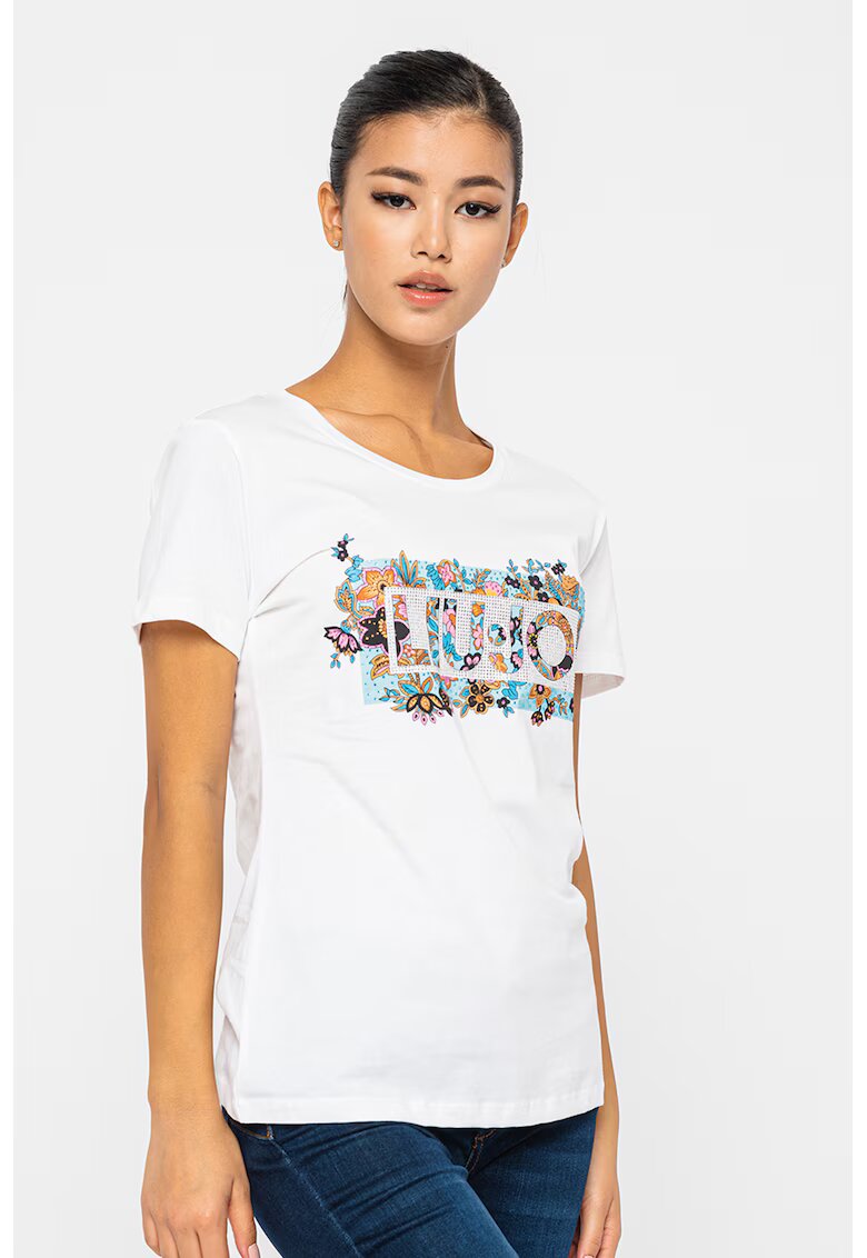 Liu Jo Tricou cu imprimeu floral si logo si aplicatii cu strasuri - Alb/Albastru/Argintiu