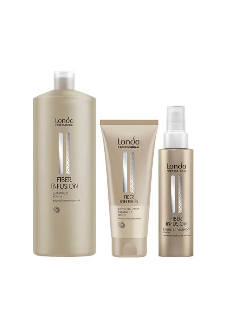 Londa Professional Pachet Sampon Fiber Infusion - 1000 ml + Tratament Reconstructiv 200 ml + Tratament 5 Minute 100 ml - pentru par normal - cu keratina