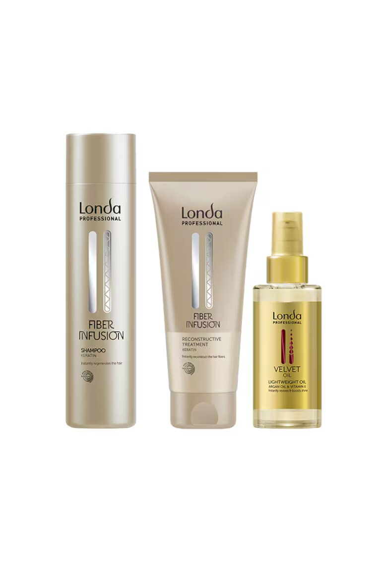 Londa Professional Pachet Sampon Fiber Infusion 250 ml + Tratament Reconstructiv 200 ml + Ulei Velvet cu ulei de argan 100 ml - pentru par normal - hidratare intensa