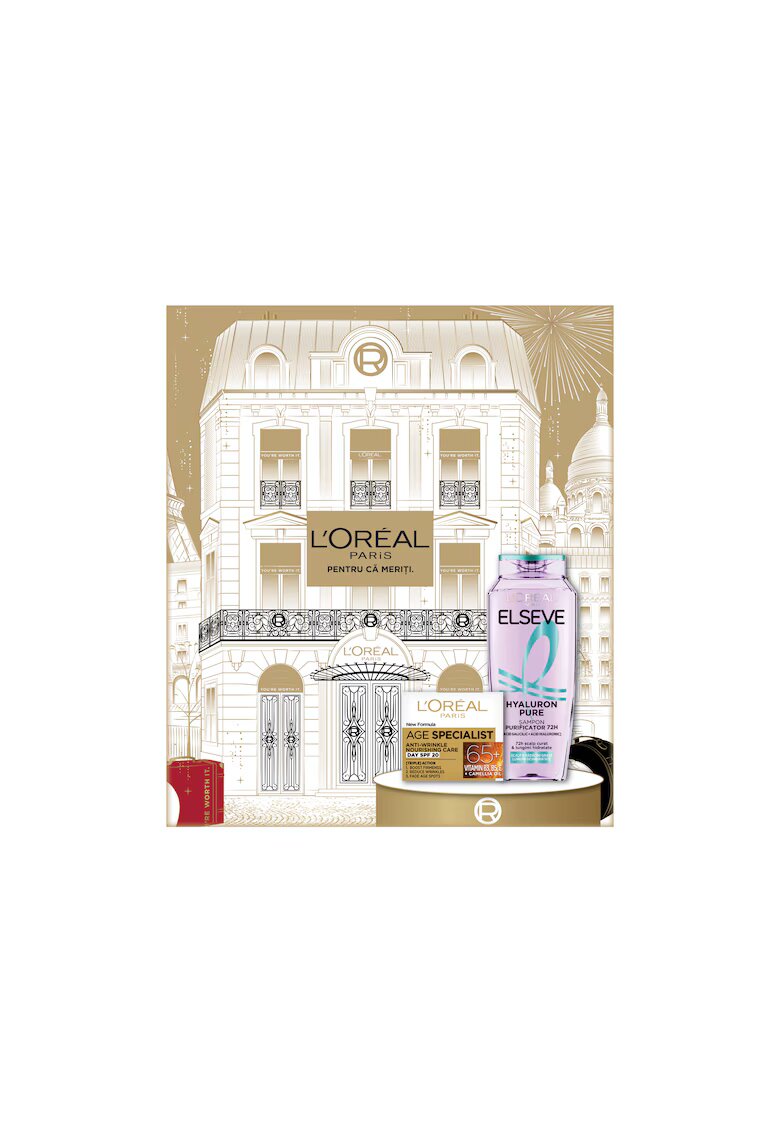 LOreal Paris Set cadou ingrijire ten si corp : Crema antirid hranitoare de zi Age Specialist 65+ - 50 ml + Sampon purificator Elseve Hyaluron Pure pentru scalp si radacini grase si lungimi deshidratate - 400 ml