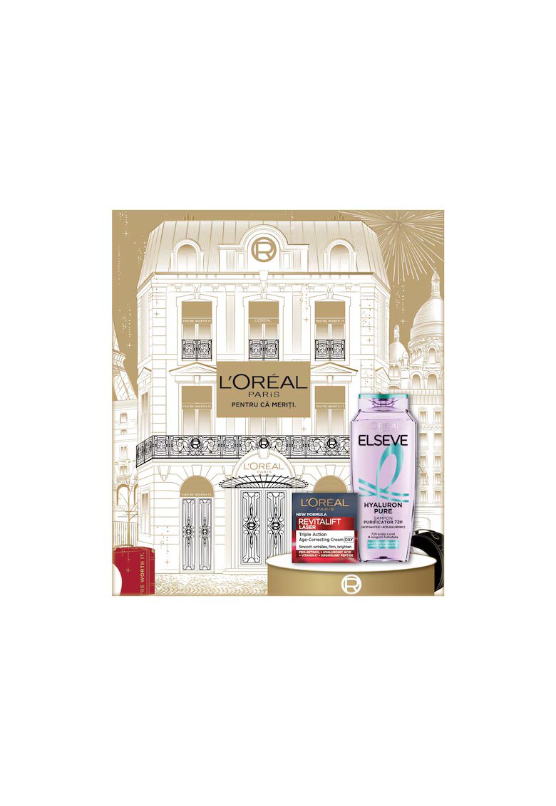LOreal Paris Set cadou ingrijire ten si corp : Crema de zi antirid Revitalift Laser - 50 ml + Sampon purificator Elseve Hyaluron Pure pentru scalp si radacini grase si lungimi deshidratate - 400 ml