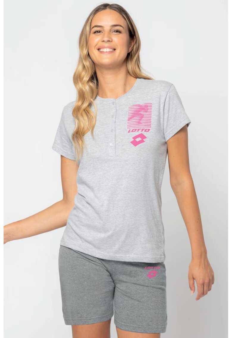 Lotto Pijama scurta cu imprimeu logo si fenta cu nasturi - Gri