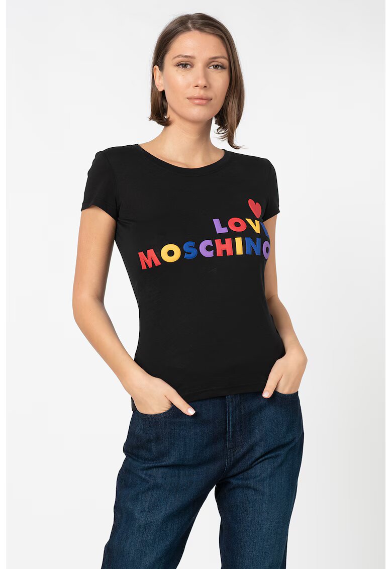Love Moschino Tricou cu aplicatii logo cauciucate - Rosu/Negru/Albastru