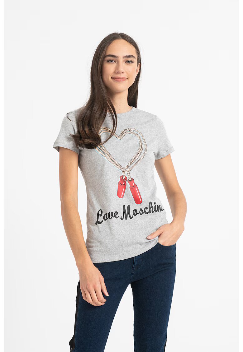 Love Moschino Tricou cu decolteu la baza gatului si imprimeu grafic - Gri melange