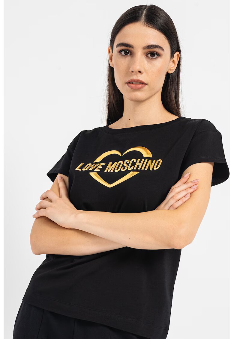 Love Moschino Tricou cu imprimeu logo laminat - Auriu/Negru